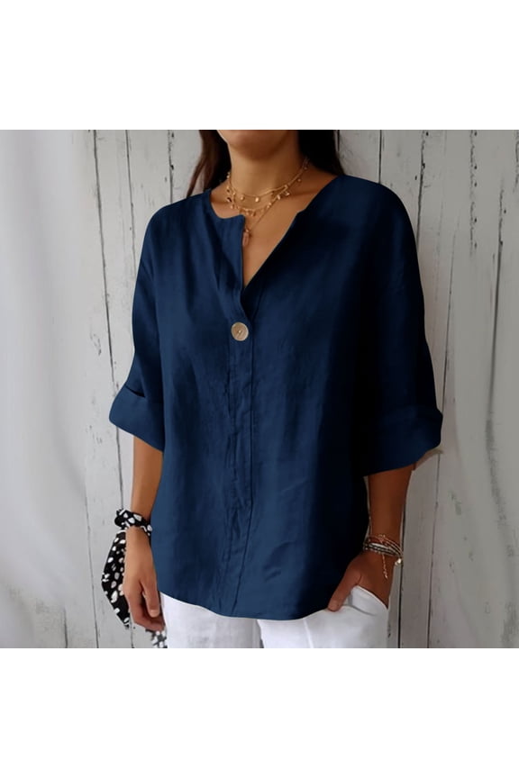 Spring Tops for Women Womens Tops under $5 Summer Cotton Linen V Neck 3/4 Sleeve Plus Size Shirts Blouses for Women $5 Going Out Workout Tunic Tops Casual 2025 Blue S