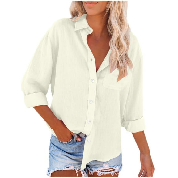 Spring Tops for Women Womens Tops Fall Clothes Womens Color Button up Shirts V Neck Loose Blouse Long Sleeve Casual Work Tunic Tops with Pocket Beige S