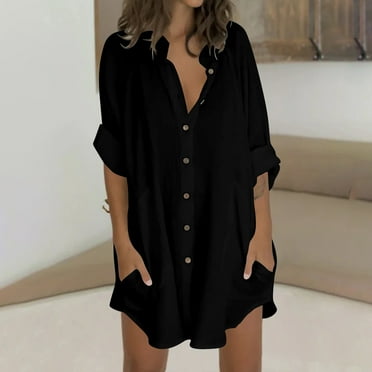 Spring Tops for Women Womens Tops Clearance Fall Clothes Womens Solid Color V Neck Loose Blouse Long Sleeve Casual Work Tunic Tops with Pocket Black S
