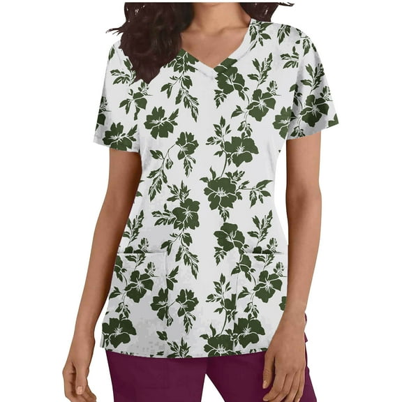 Spring Tops for Women 100% Cotton Casual Fashion Printed Short Sleeve V-Neck Pocket Work Top