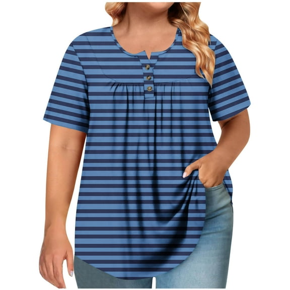 Spring Tops for Women 100% Cotton Short Sleeved Round Neck Button Up Pleated T-Shirts