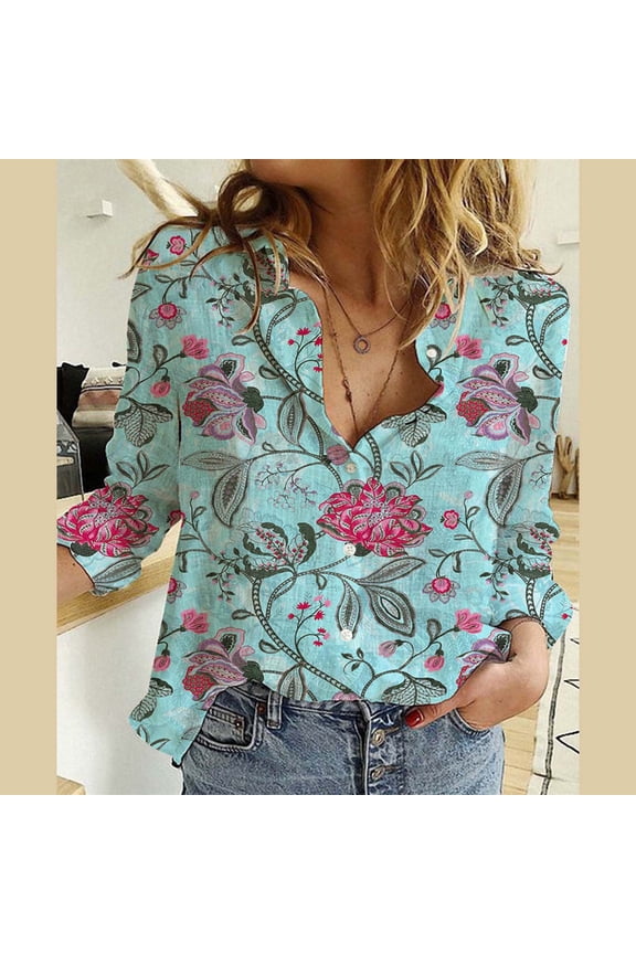 Spring Tops for Women 2024 Long Sleeve Shirts Fashion Casual Blouses Shirts, Flower Print Button Down Shirt Floral V Neck Graphic