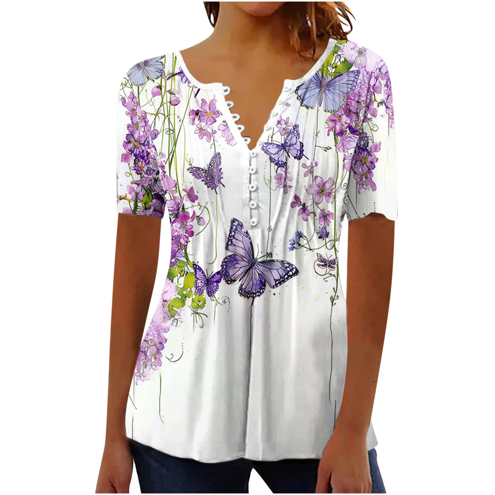 Spring Tops for Women 2025 Trendy Boho Floral Print Shirts Short Sleeve ...