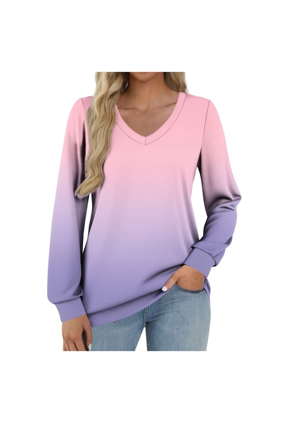 Spring Tops for Women 2025 Trendy Long Sleeve Basic V Neck Ombre Shirts Loose Dressy Blouse Casual Work Office Wear