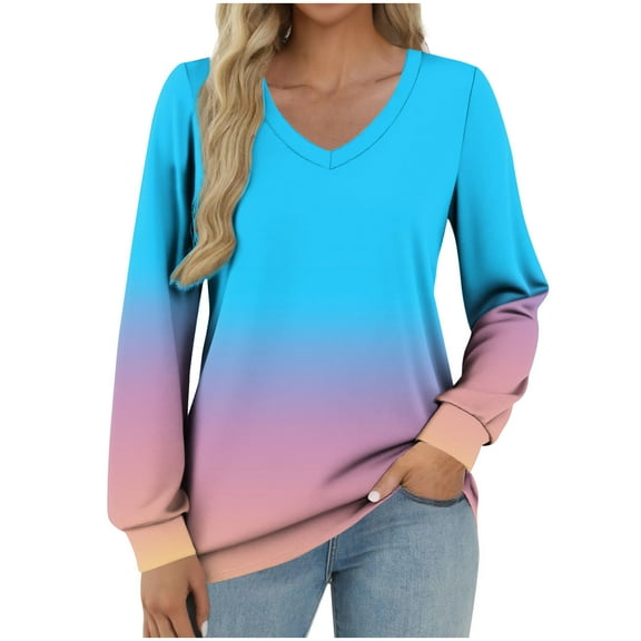Spring Tops for Women 2025 Trendy Long Sleeve Basic V Neck Ombre Shirts Loose Dressy Blouse Casual Work Office Wear