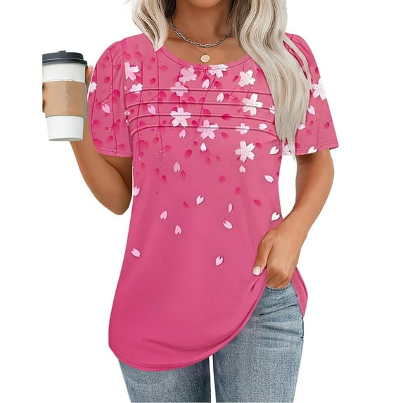 Spring Tops for Women 2025 Viikei Womens Tops Dressy Blouse,Women's New Short Sleeve Round Neck Pullover Chest Pleated Casual Print Top Multicolor S