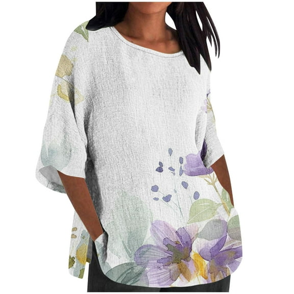 Spring Tops for Women 2025 Viikei Womens Tops Long Sleeve,Women's Ladies Fashion Casual Cropped 3/4 Sleeve Printing Loose Shirt Blouse Top White XXL