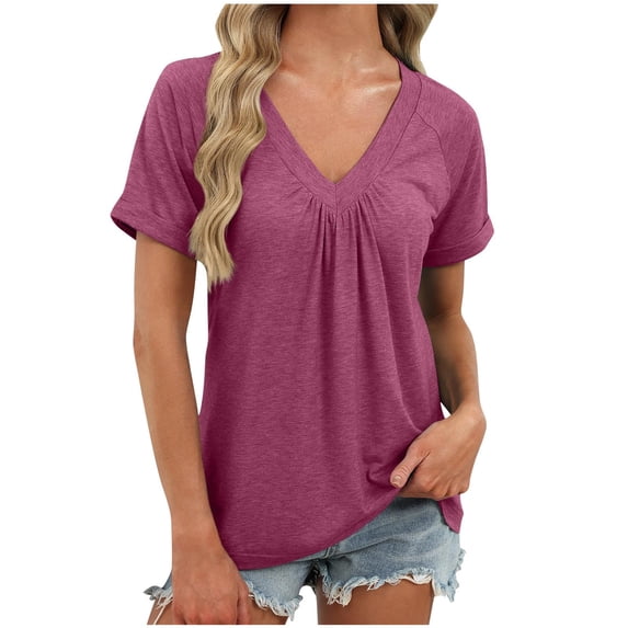 Spring Tops for Women 2026 Short Sleeve V Neck Womens T Shirts Casual Loose Fit Ruched Top Beach Vacation Clothes