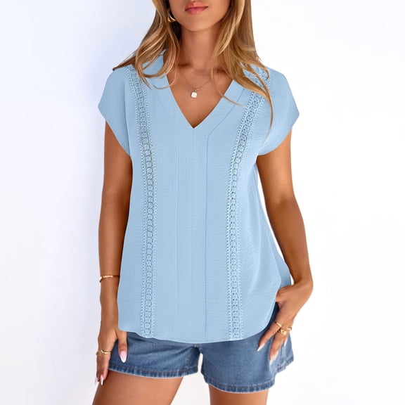 Spring Tops for Women 2026 Summer Fashion Clothes Dressy Casual Lace Trim Blouses Short Sleeve V Neck Shirts Work Outfits Light Blue L