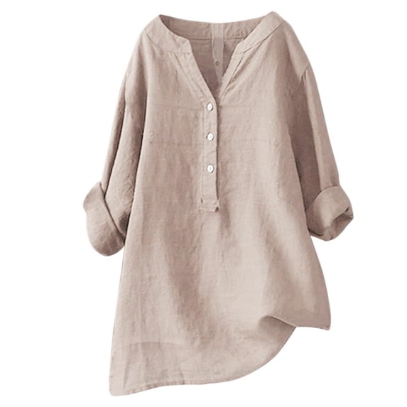 Spring Tops for Women 3/4 Sleeve T Shirts for Women Plus Size Women's V-Neck Long Sleeve Loose Button Cotton Tops Linen Tunic Fall Blouse Beige XL