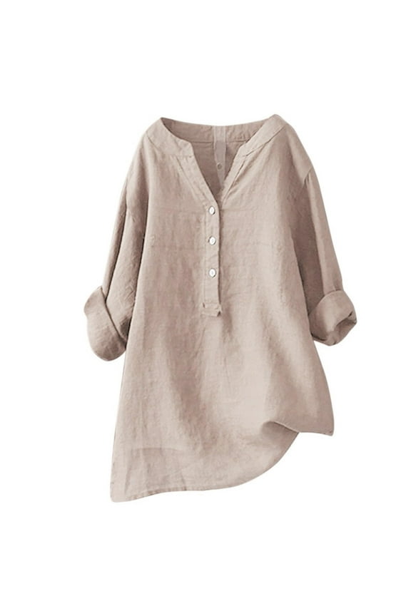 Spring Tops for Women 3/4 Sleeve T Shirts for Women Plus Size Women's V-Neck Long Sleeve Loose Button Cotton Tops Linen Tunic Fall Blouse Beige XXXXL