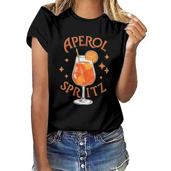 Spring Tops for Women Aperol Spritz Graphic Short Sleeve Casual Tee for Drinks Lovers Oversized Tshirts for Women Black M