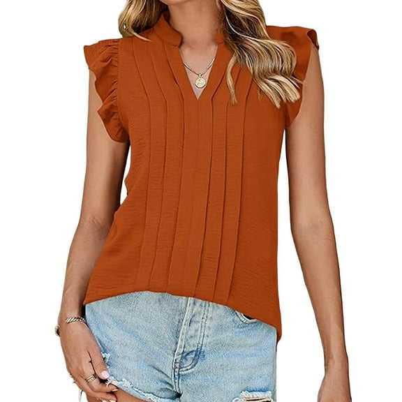 Spring Tops for Women Blouses Dressy Casual Ruffle Sleeve V Neck Pleated Business Casual Summer Shirts Orange & Red L