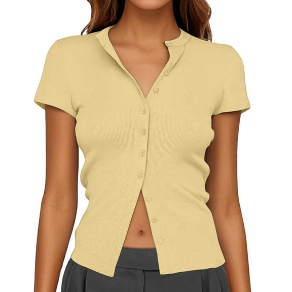 Spring Tops for Women Button Up Ribbed Short Sleeve Cardigan Pure Color Summer Shirts for Women Yellow L