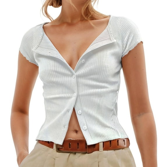 Spring Tops for Women Button Up Ribbed Short Sleeve Cardigan Pure Color T Shirt Summer Shirts for Women White XL