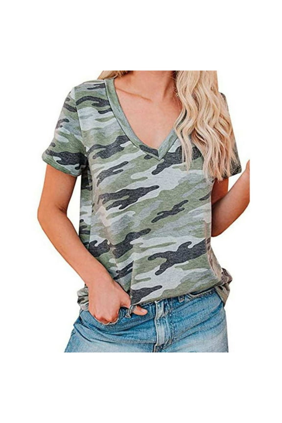 Spring Tops for Women Casual Leopard Print Camo Print V Neck Short Sleeve Lightweight Army Green Womens T Shirts L