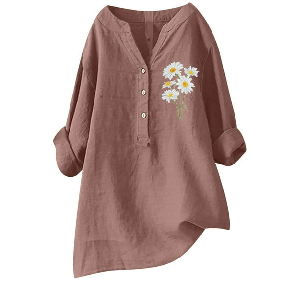 Spring Tops for Women Casual Print Loose Autumn V Neck Long Sleeve Shirt Top Summer Shirts for Women Coffee XL