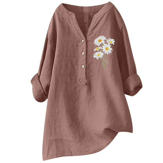 Spring Tops for Women Casual Print Loose Autumn V Neck Long Sleeve Shirt Top Summer Shirts for Women Coffee XL