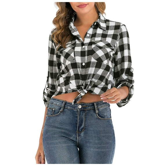 Spring Tops for Women Casual Roll Up Long Sleeve Boyfriend Plaid Button Down Flannel Check Shirts for Women Light Gray XL