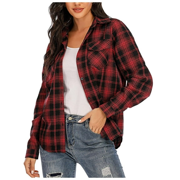 Spring Tops for Women Casual Roll Up Long Sleeve Boyfriend Plaid Button Down Flannel Check Shirts for Women Red S