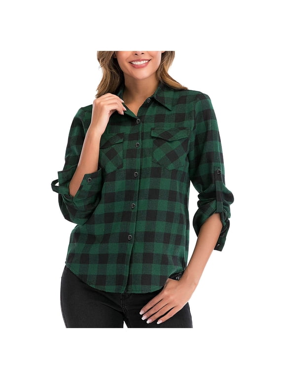 Spring Tops for Women Casual Roll Up Long Sleeve Boyfriend Plaid Button Down Flannel Check Summer Shirts for Women Dark Green S