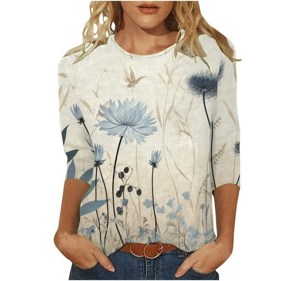 Spring Tops for Women Casual Three Quarter Sleeve Crew Neck Vintage Print Graphic Loose Large Shirts for Women Beige L