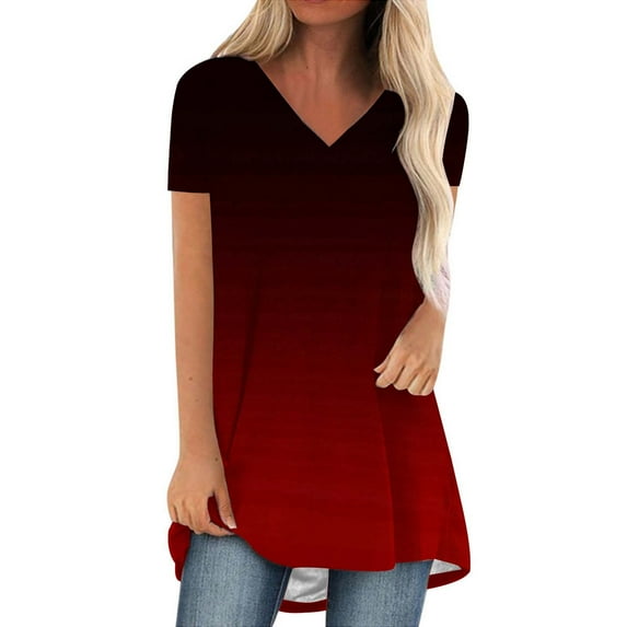 Womens Summer Tops Casual V Neck Fashion Top Gradient Color Short Sleeve Blouse T Shirts for Women XXL