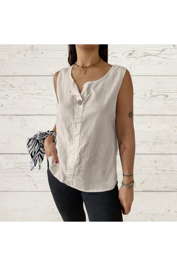 Spring Tops for Women!Chaoheng Sleeveless Tops for Women Cotton Women's Fashion Summer V Neck Leisure Three-quarter Sleeve Solid