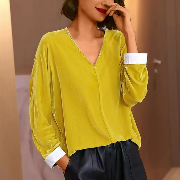 Spring Tops for Women Clothes under $5.00 Fashion Versatile Temperament Women Solid Golden Velvet Long Sleeved V-Neck Top/Yellow M