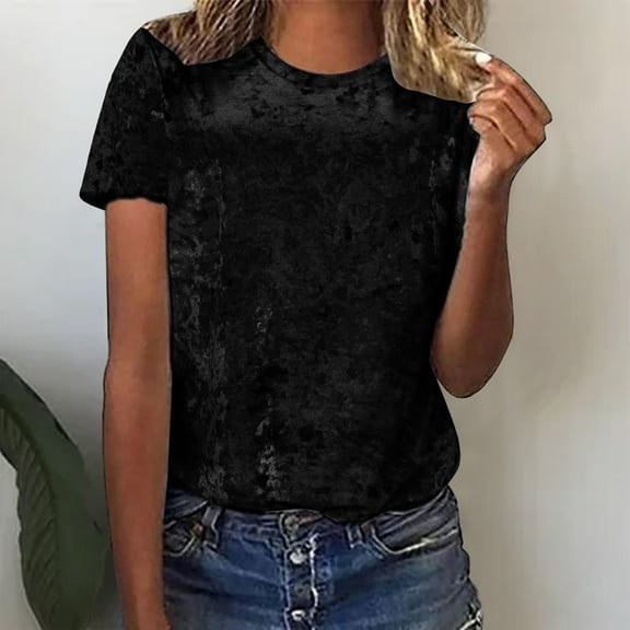 Spring Tops for Women Clothes under $5.00 Women's Crew Neck Velvet Tops Short Sleeve T-Shirt Casual Fashion Blouse/Black S
