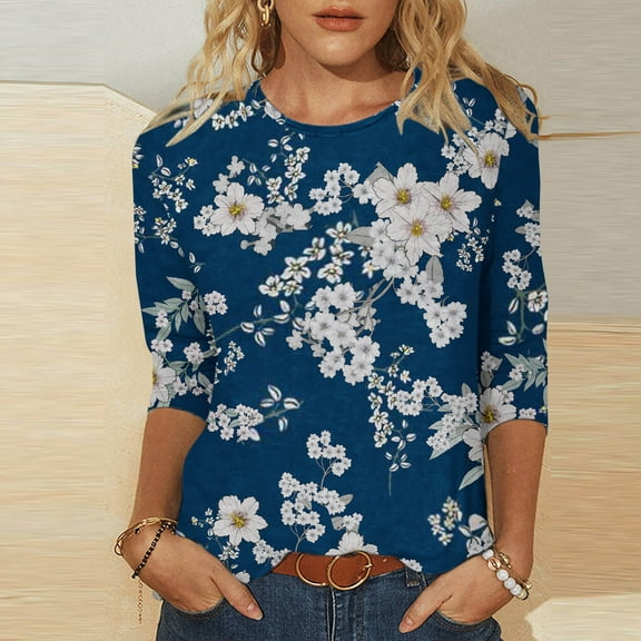 Spring Tops for Women Clothes under $5.00 Women's Fashion Printed T-shirt 3/4 Sleeves Blouse Round Neck Casual Tops(Blue,XXXXL)
