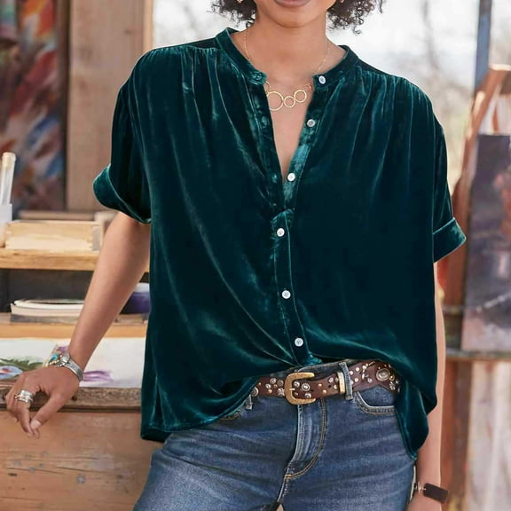 Spring Tops for Women Clothes under $5.00 Women's Temperament Texture Gold Velvet Solid Short Sleeve Round Neck Shirt/Green S