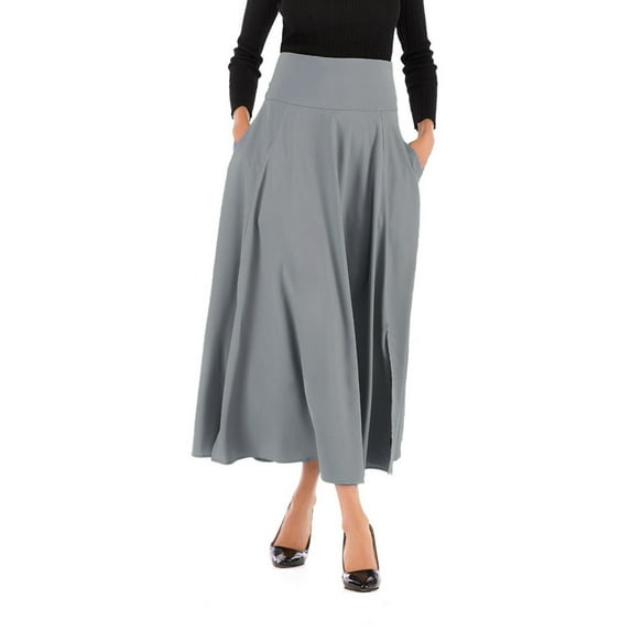 Spring Tops for Women Long Skirts Women Solid Color High Waist Pleated A Line Long Skirt Front Slit Belted Maxi Gifts for Women