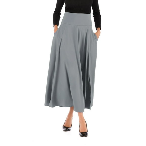Spring Tops for Women Long Skirts Women Solid Color High Waist Pleated A Line Long Skirt Front Slit Belted Maxi
