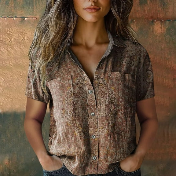 Spring Tops for Women Fashion Art Print Short Sleeved Elegant with Flowers and Patterns Shirts for Women Brown L