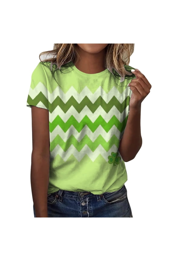 Spring Tops for Women Fashion Round Neck Short Sleeved Printed Beach Tops,Mint Green,2XL