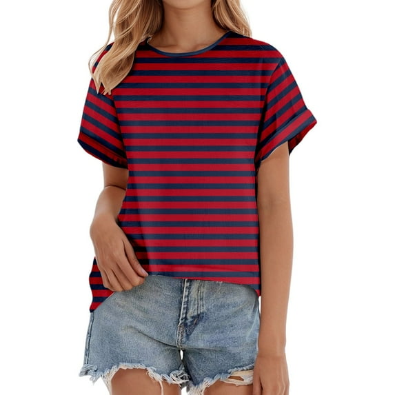 Spring Tops for Women Fashionable Wide Striped Casual T Shirt Short Sleeve Shirts for Women Dark Blue L
