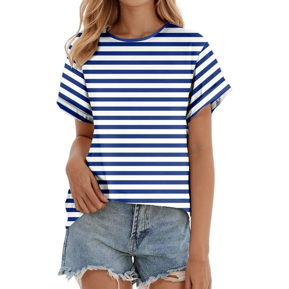 Spring Tops for Women Fashionable Wide Striped Casual T Shirt Short Sleeve Summer Shirts for Women Blue XL