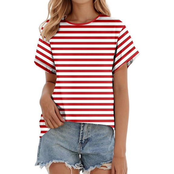 Spring Tops for Women Fashionable Wide Striped Casual T Shirt Short Sleeve Summer Shirts for Women Watermelon Red XXL