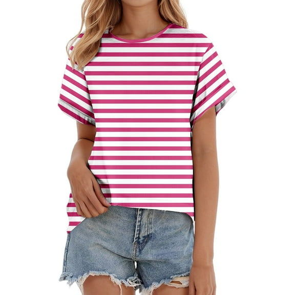 Spring Tops for Women Fashionable Wide Striped Casual T Shirt Short Sleeve Womens Shirts Pink XXL