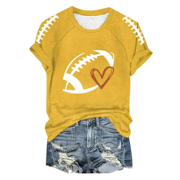 Spring Tops for Women Funny Football Season Printed T Shirt Sport Fans Short Sleeve Oversized Tshirts for Women Yellow S