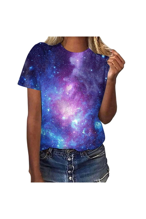 Spring Tops for Women Galaxy Starry Sky Pattern Round Neck Loose Short Sleeved Shirts for Women Purple