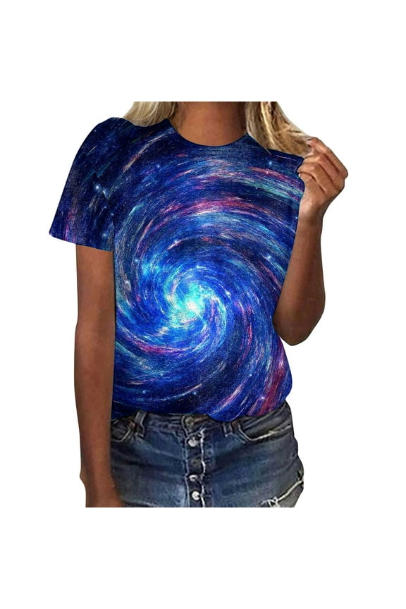 Spring Tops for Women Galaxy Starry Sky Pattern Round Neck Loose Short Sleeved T Shirts for Women Blue