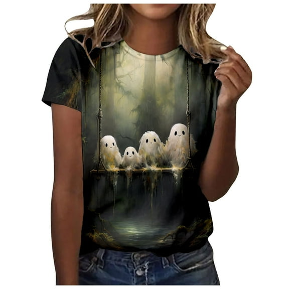 Spring Tops for Women Halloween Print Short Sleeved Crew Neck T Shirt Top Fashion Shirts for Women Army Green L