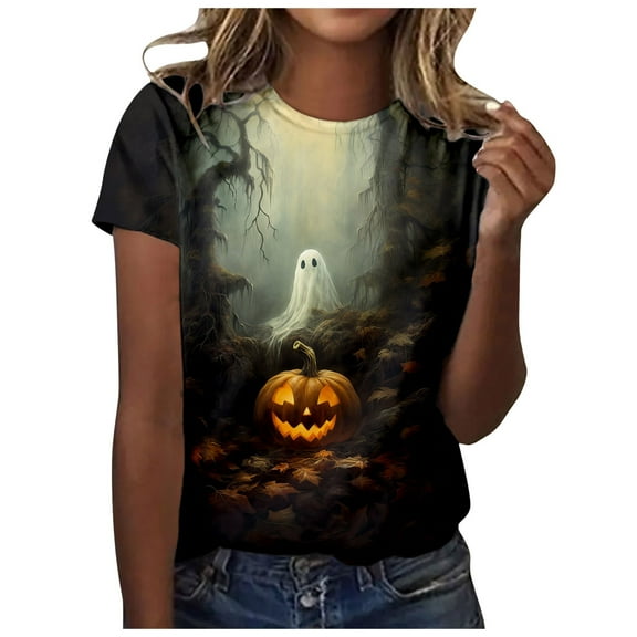 Spring Tops for Women Print Short Sleeved Crew Neck T Shirt Top Fashion Shirts for Women Orange S