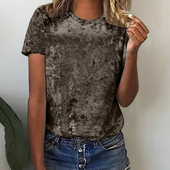 Spring Tops for Women Homenesgenics Clothes under $5.00 Women's Crew Neck Velvet Tops Short Sleeve T-Shirt Casual Fashion Blouse/Brown S