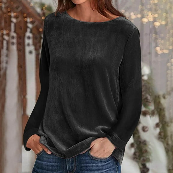 Spring Tops for Women Homenesgenics Velvet Tops for Women Fashion Women's Round-Neck Long Sleeve Solid Casual Shirt Blouse/Black XXXL