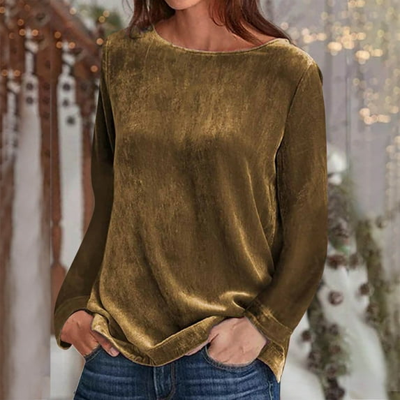Spring Tops for Women Homenesgenics Velvet Tops for Women Fashion Women's Round-Neck Long Sleeve Solid Casual Shirt Blouse/Gold S