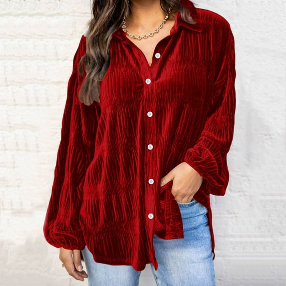 Spring Tops for Women Homenesgenics Velvet Tops for Women Women's Ladies V-Neck Loose Tops Casual T-Shirts Long Sleeve Blouse/Red L