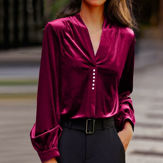 Spring Tops for Women Homenesgenics Velvet Tops for Women Women's Ladies V-Neck Loose Tops Casual T-Shirts Long Sleeve Blouse/Red M